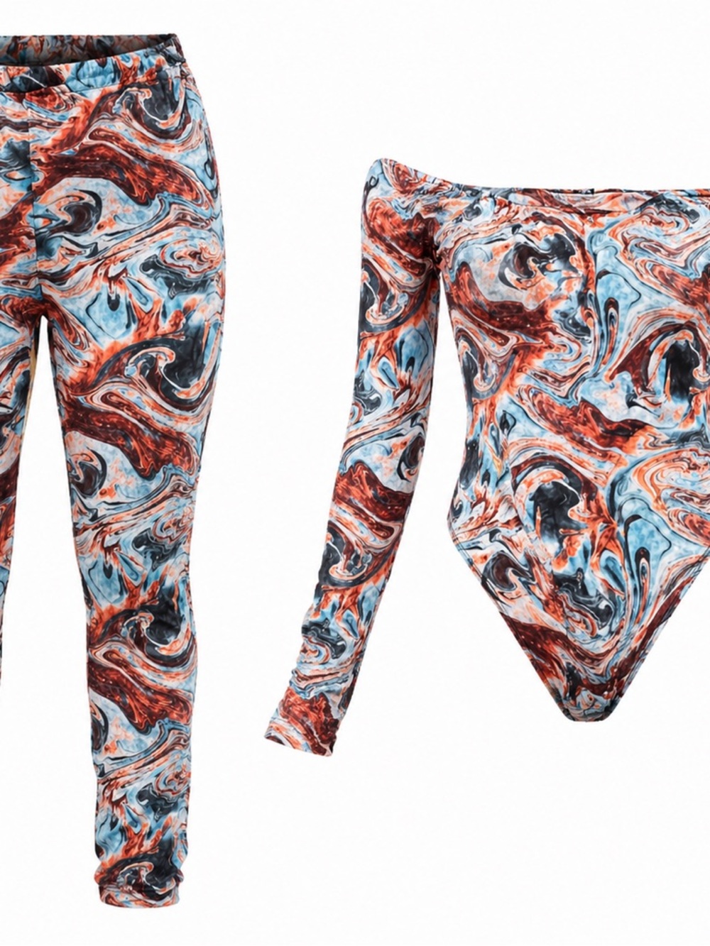 Boohoo Marble Print Long Sleeve Mesh Bodysuit & Leggings Set in Blue and Rust